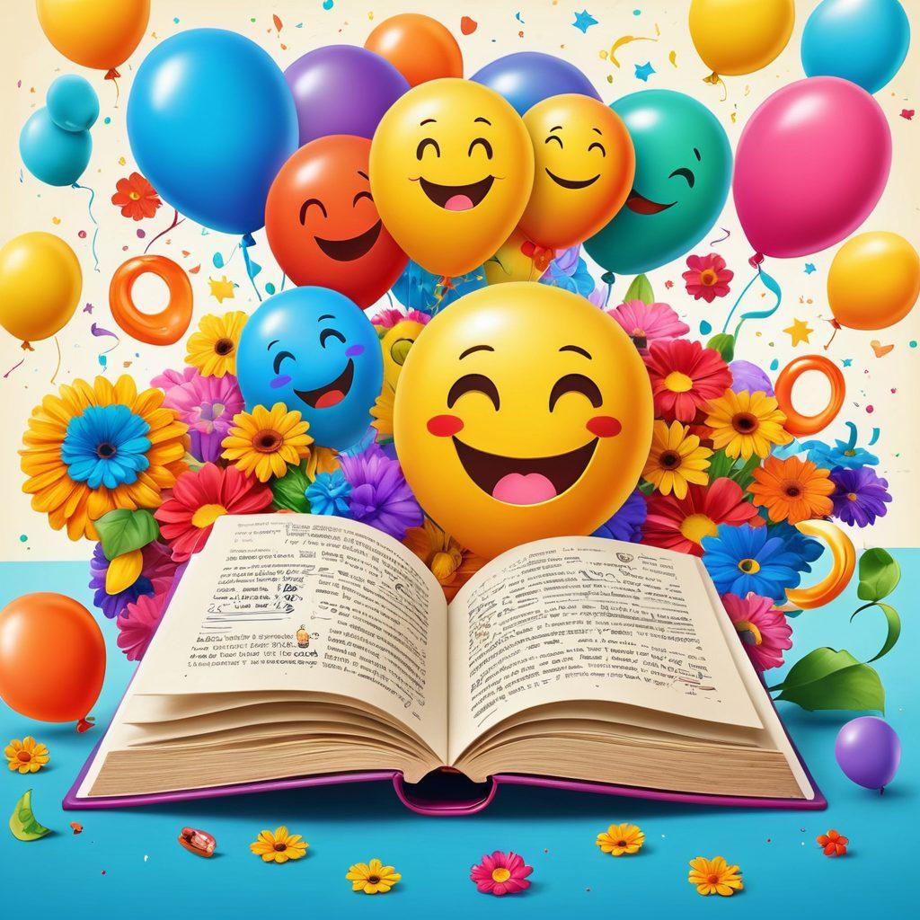 A colorful open book surrounded by various joyful objects like smiling emoji, balloons, and flowers, each representing different emotions. The background should be bright and uplifting, with playful typography showcasing cheerful vocabulary words. Include characters expressing happiness and joy, engaging with the words. Capture the essence of emotions in a whimsical, inviting manner. vibrant colors. vector art.