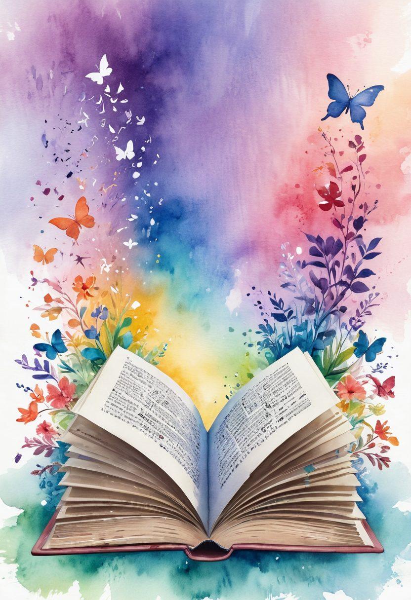 A whimsical scene featuring an open book surrounded by floating words and colorful letters, radiating light and joy. Illustrate joyful expressions on the book's pages as vibrant emotions like happiness, love, and inspiration come to life in colorful swirls. Include elements of nature, like blooming flowers and butterflies, symbolizing growth and transformation through language. Use a soft, dreamy background with a blend of pastel colors to evoke a sense of tranquility and wonder. watercolor style. vibrant colors. dreamy atmosphere.