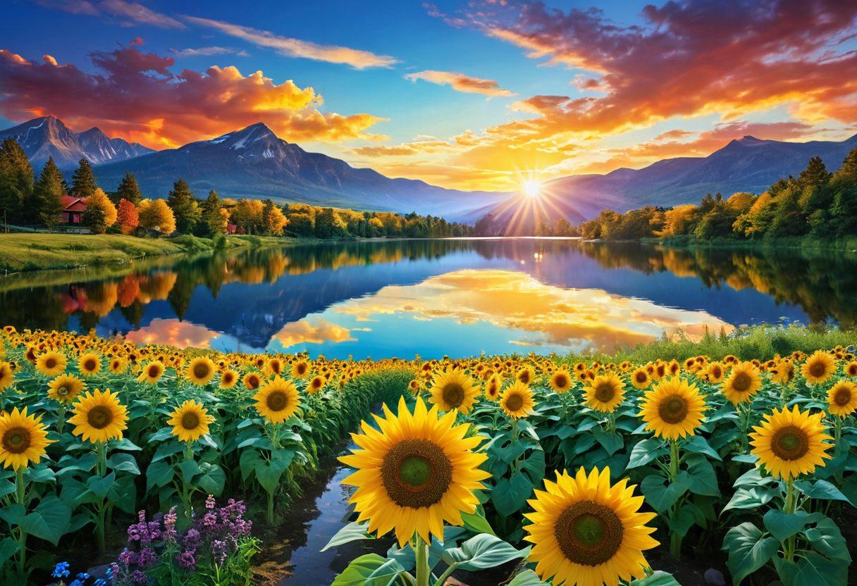 A vibrant spectrum of cheerful words flowing through a lush landscape, transitioning from blissful sunflowers to calm, serene lakes. Illustrate joyful expressions on diverse characters experiencing different states of happiness, from elation to contentment. The background should display a bright gradient sky symbolizing the transition of emotions. super-realistic. vibrant colors. 3D.